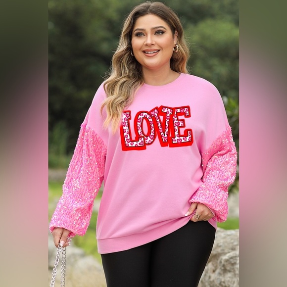 Carnation Pink Plus Size LOVE Sequin Round Neck Sweatshirt - Picture 3 of 3
